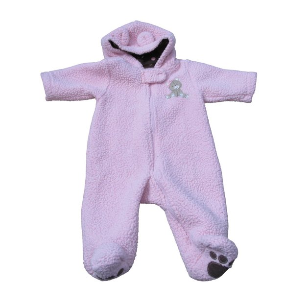 Carters Zip Up Fleece Bunting Snowsuit Girls Size 3M Pink Brown Bear Winter‎ - Picture 1 of 7